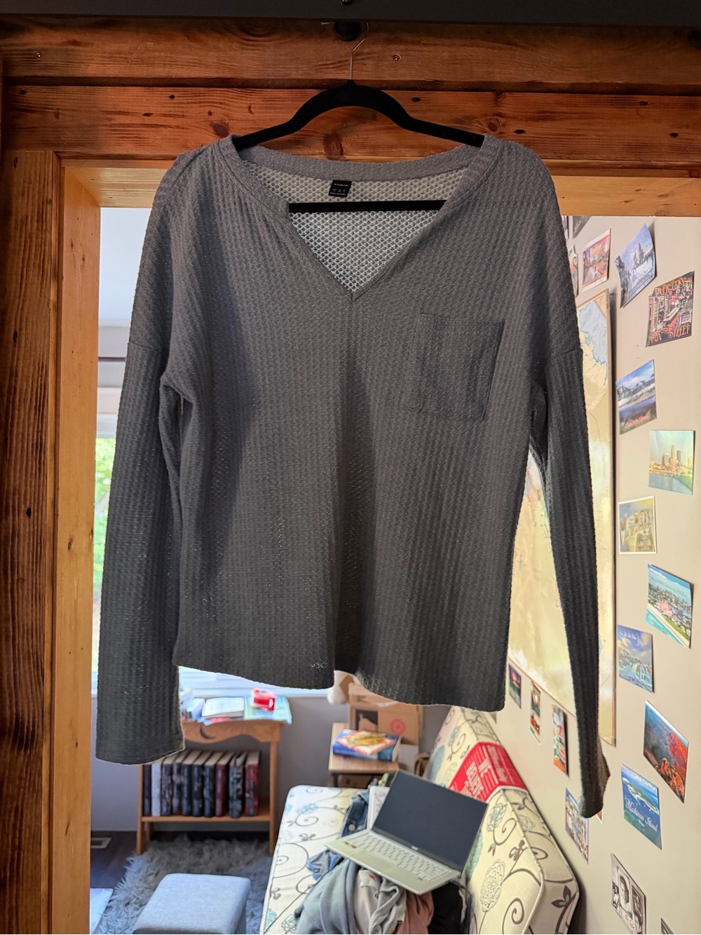 SHEIN Gray V-Neck Long Sleeve Pocket Sweater